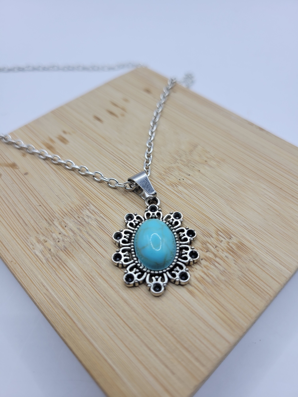 Silver-Tone Turquoise Color Pendant Necklace - Elegant Blue Statement Jewelry